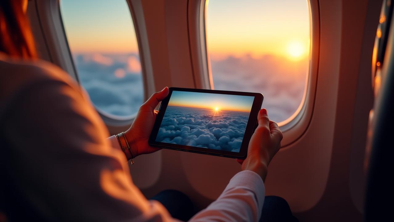 A traveler watching movies on a flight without Wi-Fi